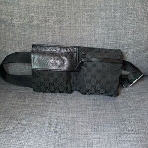 GUCCI GG Canvas Waist Pouch Shoulder Bum Bag Belt Bag Black Leather